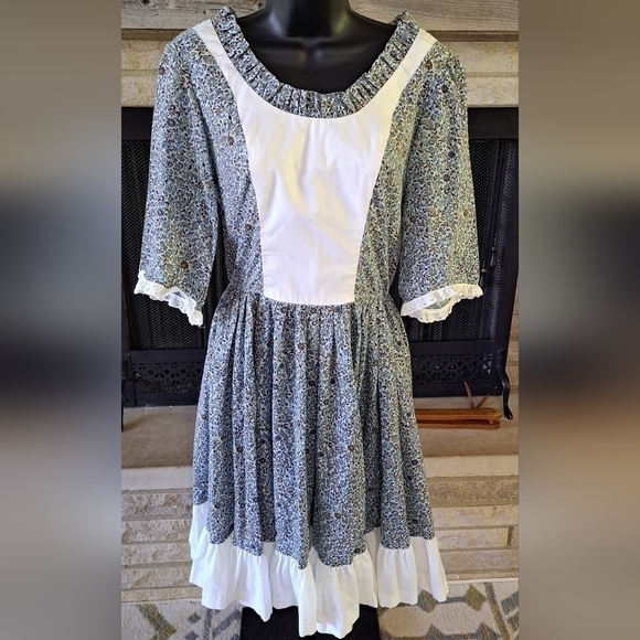Hand Crafted Dresses & Skirts - Vintage Women's S Prairie Swing Dress Handmade Blue White Ditzy Floral Cottage